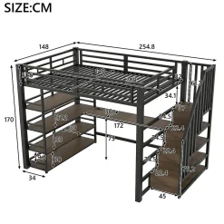 Okwish Lit Mezzanine Double 140x200 cm - Éclairage LED et Escaliers Sécurisés, Bureau Intégré et Rangements, sans Matelas - Métal Noir Sale