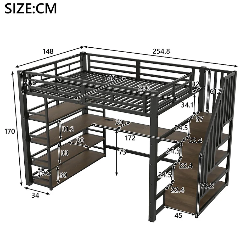 Okwish Lit Mezzanine Double 140x200 cm - Éclairage LED et Escaliers Sécurisés, Bureau Intégré et Rangements, sans Matelas - Métal Noir Sale