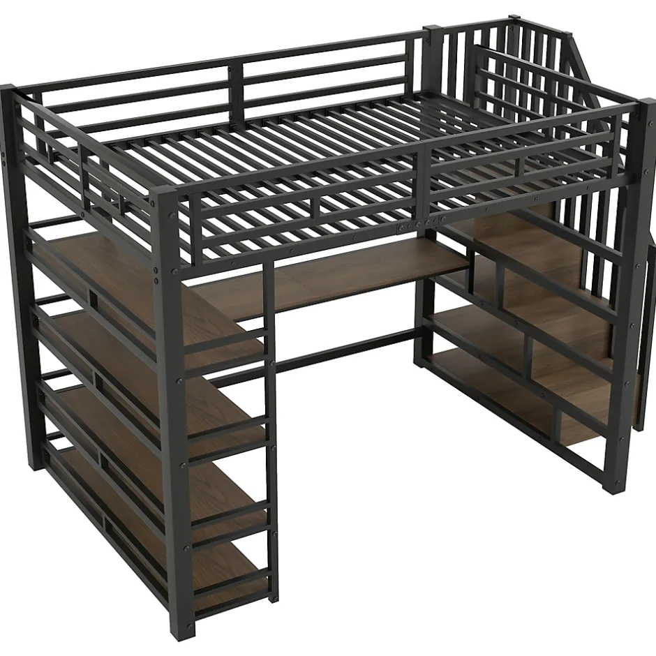 Okwish Lit Mezzanine Double 140x200 cm - Éclairage LED et Escaliers Sécurisés, Bureau Intégré et Rangements, sans Matelas - Métal Noir Sale
