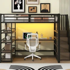 Okwish Lit Mezzanine Double 140x200 cm - Éclairage LED et Escaliers Sécurisés, Bureau Intégré et Rangements, sans Matelas - Métal Noir Sale