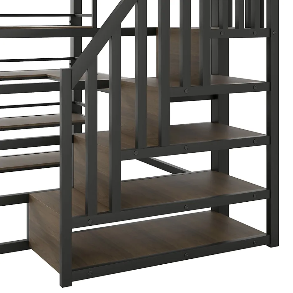 Okwish Lit Mezzanine Double 140x200 cm - Éclairage LED et Escaliers Sécurisés, Bureau Intégré et Rangements, sans Matelas - Métal Noir Sale