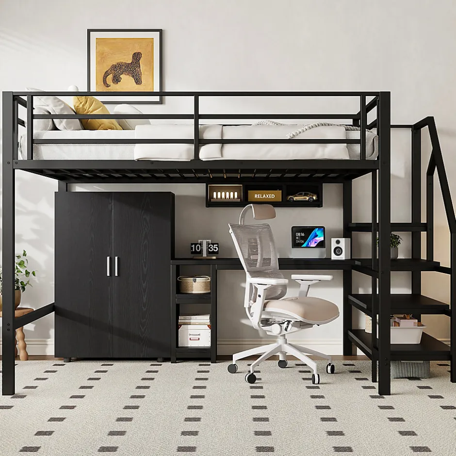 Okwish Lit Mezzanine Double 140x200 cm - Avec Bureau et Armoire, Escalier avec Rangements Intégrés - Sans Matelas - Noir