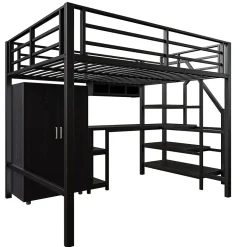 Okwish Lit Mezzanine Double 140x200 cm - Avec Bureau et Armoire, Escalier avec Rangements Intégrés - Sans Matelas - Noir