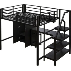 Okwish Lit Mezzanine Double 140x200 cm - Avec Bureau et Armoire, Escalier avec Rangements Intégrés - Sans Matelas - Noir