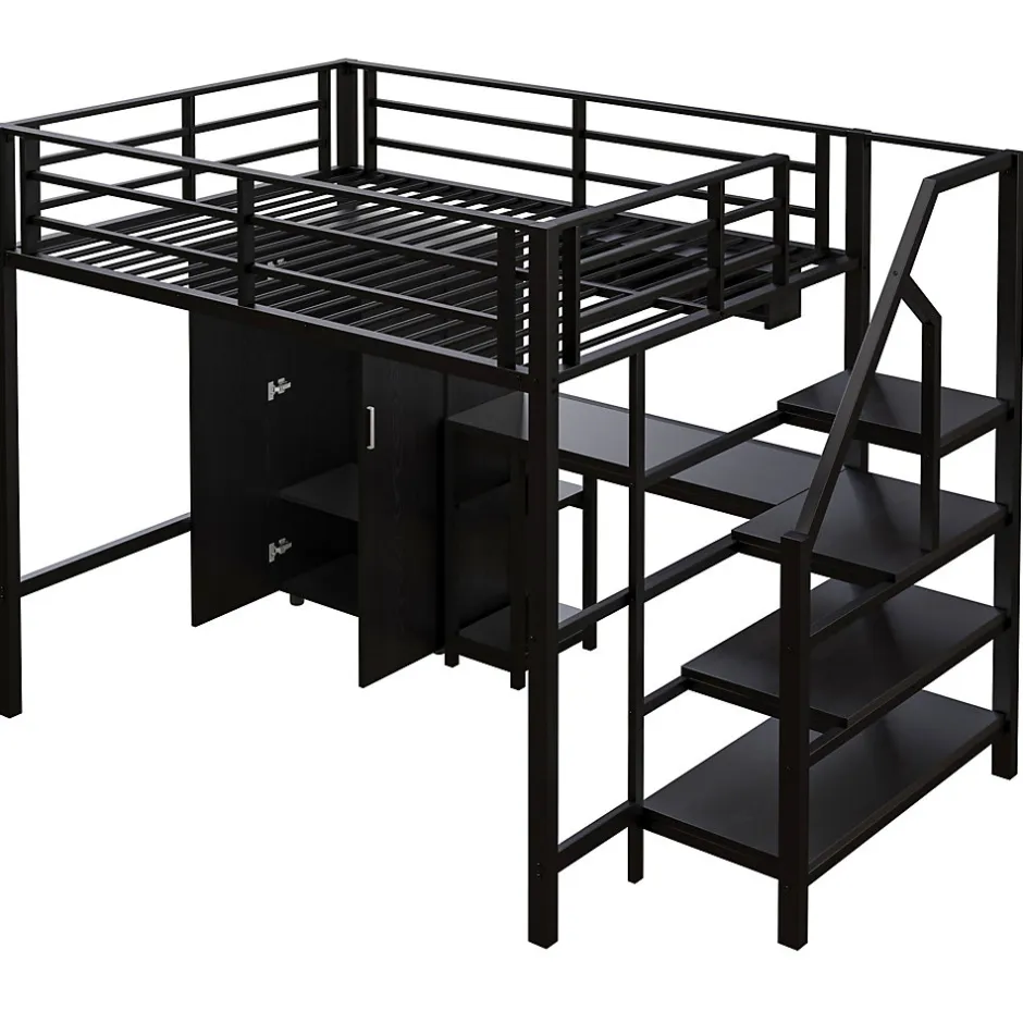 Okwish Lit Mezzanine Double 140x200 cm - Avec Bureau et Armoire, Escalier avec Rangements Intégrés - Sans Matelas - Noir