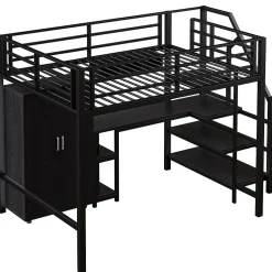 Okwish Lit Mezzanine Double 140x200 cm - Avec Bureau et Armoire, Escalier avec Rangements Intégrés - Sans Matelas - Noir