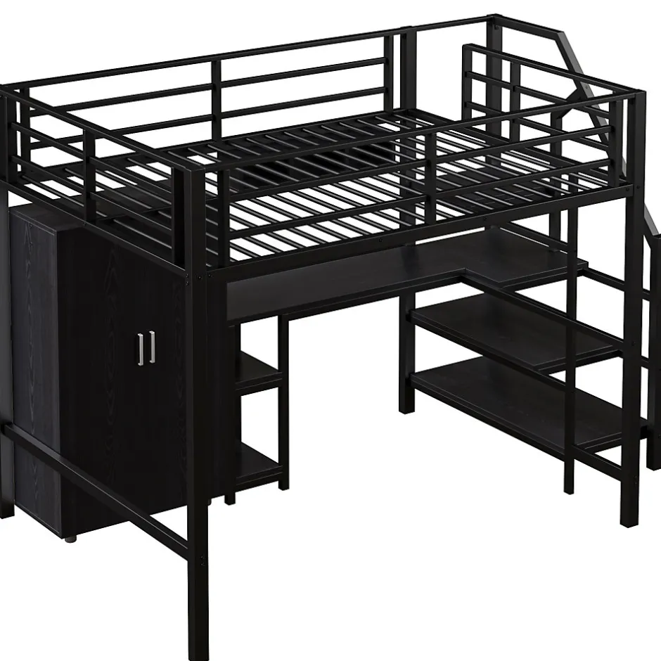 Okwish Lit Mezzanine Double 140x200 cm - Avec Bureau et Armoire, Escalier avec Rangements Intégrés - Sans Matelas - Noir
