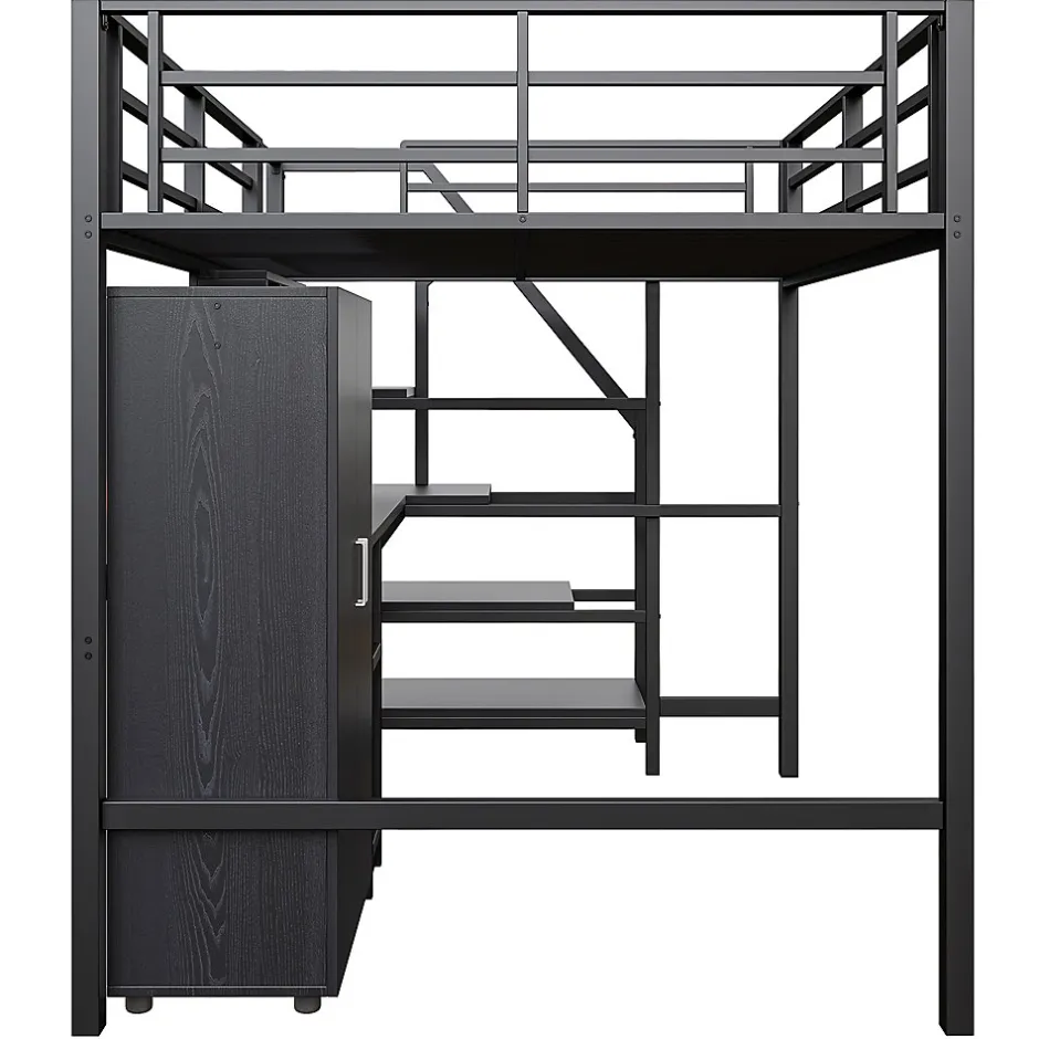 Okwish Lit Mezzanine Double 140x200 cm - Avec Bureau et Armoire, Escalier avec Rangements Intégrés - Sans Matelas - Noir