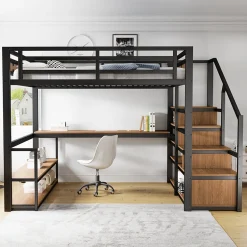 Okwish Lit mezzanine double 140x200 cm en métal avec bureau et étagères intégrés - gain de place pour chambre ado - noir