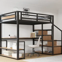 Okwish Lit mezzanine double 140x200 cm en métal avec bureau et étagères intégrés - gain de place pour chambre ado - noir