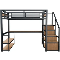 Okwish Lit mezzanine double 140x200 cm en métal avec bureau et étagères intégrés - gain de place pour chambre ado - noir