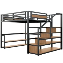 Okwish Lit mezzanine double 140x200 cm en métal avec bureau et étagères intégrés - gain de place pour chambre ado - noir