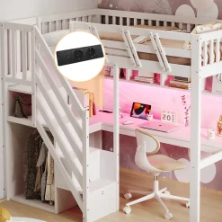 ModernLuxe Lit mezzanine en bois massif 90x200cm LED - avec échelle de rangement - bureau et port USB - blanc (matelas non inclus)