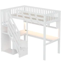 ModernLuxe Lit mezzanine en bois massif 90x200cm LED - avec échelle de rangement - bureau et port USB - blanc (matelas non inclus)