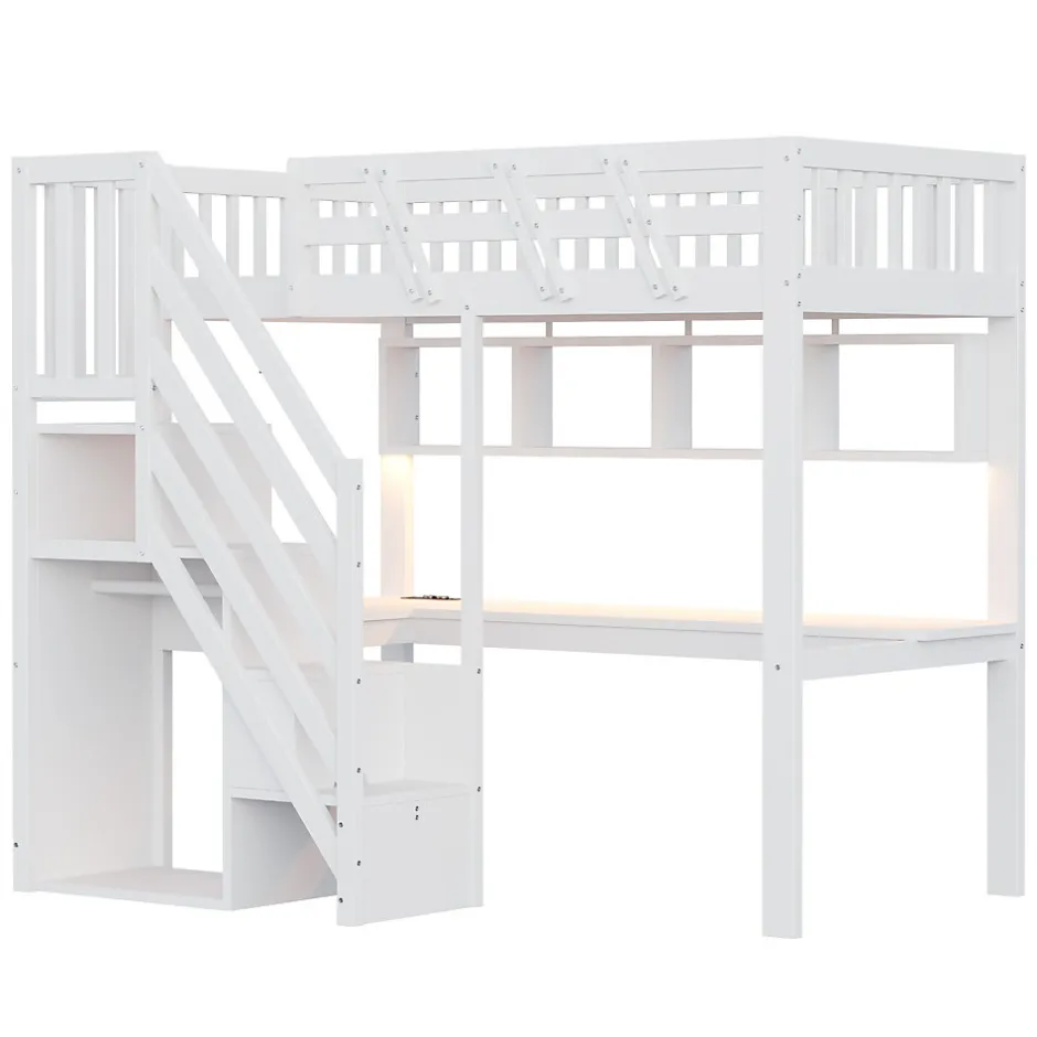 ModernLuxe Lit mezzanine en bois massif 90x200cm LED - avec échelle de rangement - bureau et port USB - blanc (matelas non inclus)