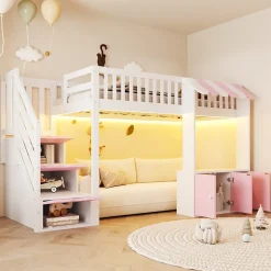 ModernLuxe Lit mezzanine en bois 90x200cm - avec armoire - escalier de rangement - éclairage LED - rose (matelas non inclus) Outlet