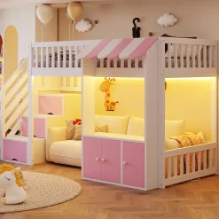 ModernLuxe Lit mezzanine en bois 90x200cm - avec armoire - escalier de rangement - éclairage LED - rose (matelas non inclus) Outlet