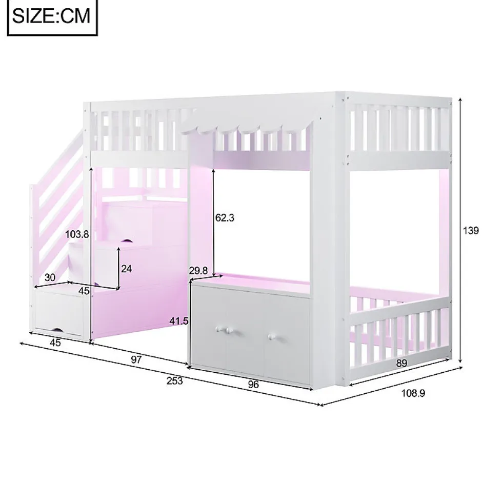 ModernLuxe Lit mezzanine en bois 90x200cm - avec armoire - escalier de rangement - éclairage LED - blanc (matelas non inclus) New