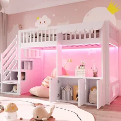 ModernLuxe Lit mezzanine en bois 90x200cm - avec armoire - escalier de rangement - éclairage LED - blanc (matelas non inclus) New