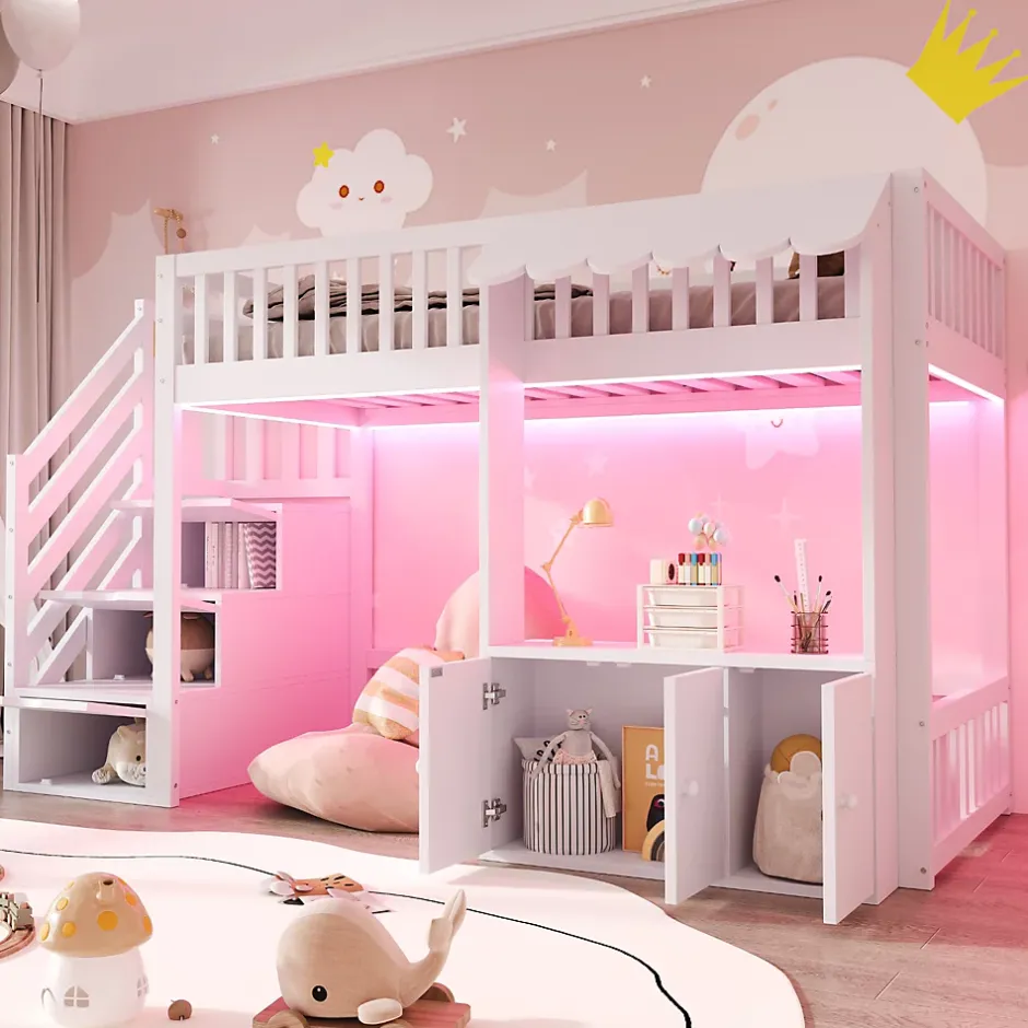 ModernLuxe Lit mezzanine en bois 90x200cm - avec armoire - escalier de rangement - éclairage LED - blanc (matelas non inclus) New