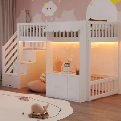 ModernLuxe Lit mezzanine en bois 90x200cm - avec armoire - escalier de rangement - éclairage LED - blanc (matelas non inclus) New