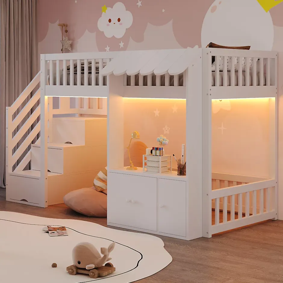 ModernLuxe Lit mezzanine en bois 90x200cm - avec armoire - escalier de rangement - éclairage LED - blanc (matelas non inclus) New
