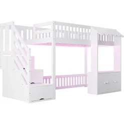 ModernLuxe Lit mezzanine en bois 90x200cm - avec armoire - escalier de rangement - éclairage LED - blanc (matelas non inclus) New