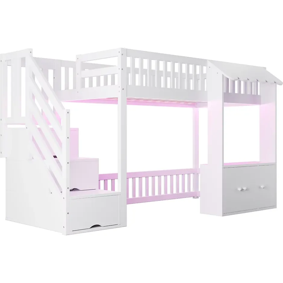 ModernLuxe Lit mezzanine en bois 90x200cm - avec armoire - escalier de rangement - éclairage LED - blanc (matelas non inclus) New