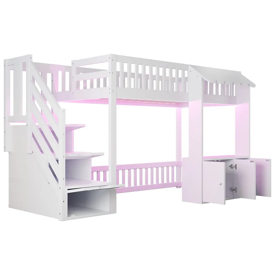 ModernLuxe Lit mezzanine en bois 90x200cm - avec armoire - escalier de rangement - éclairage LED - blanc (matelas non inclus) New
