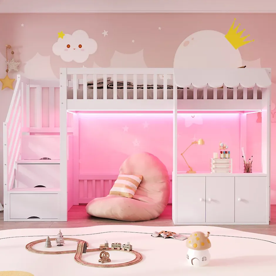 ModernLuxe Lit mezzanine en bois 90x200cm - avec armoire - escalier de rangement - éclairage LED - blanc (matelas non inclus) New