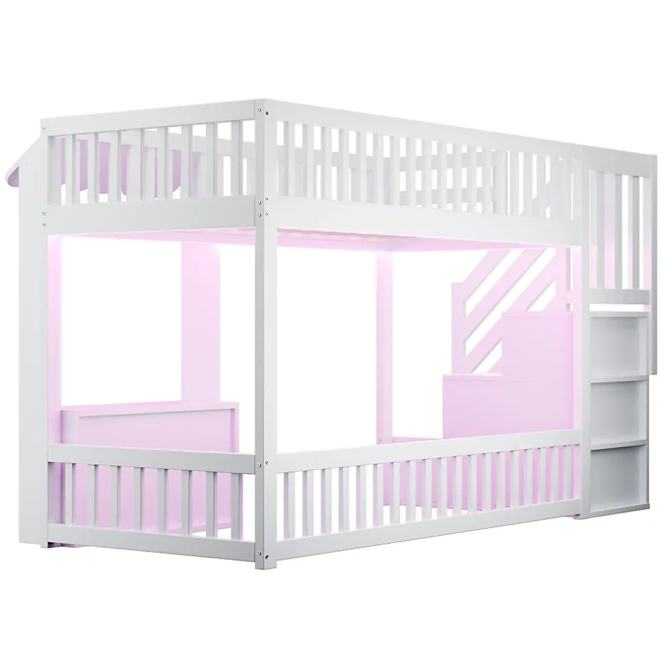 ModernLuxe Lit mezzanine en bois 90x200cm - avec armoire - escalier de rangement - éclairage LED - blanc (matelas non inclus) New