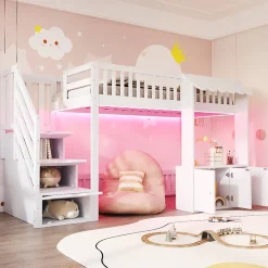 ModernLuxe Lit mezzanine en bois 90x200cm - avec armoire - escalier de rangement - éclairage LED - blanc (matelas non inclus) New