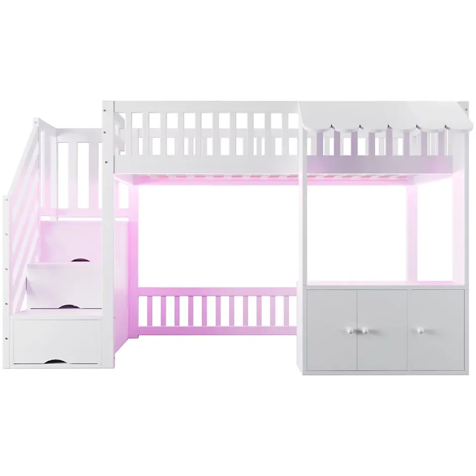 ModernLuxe Lit mezzanine en bois 90x200cm - avec armoire - escalier de rangement - éclairage LED - blanc (matelas non inclus) New