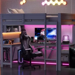 ModernLuxe Lit mezzanine en bois 90x200cm - Avec bureau et compartiments de rangement - LED et port de chargement - Gris (sans matelas)