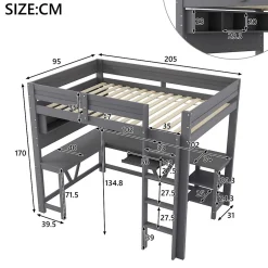 ModernLuxe Lit mezzanine en bois 90x200cm - Avec bureau et compartiments de rangement - LED et port de chargement - Gris (sans matelas)
