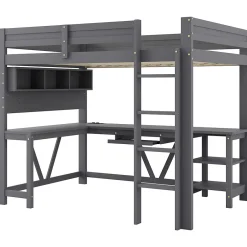 ModernLuxe Lit mezzanine en bois 90x200cm - Avec bureau et compartiments de rangement - LED et port de chargement - Gris (sans matelas)