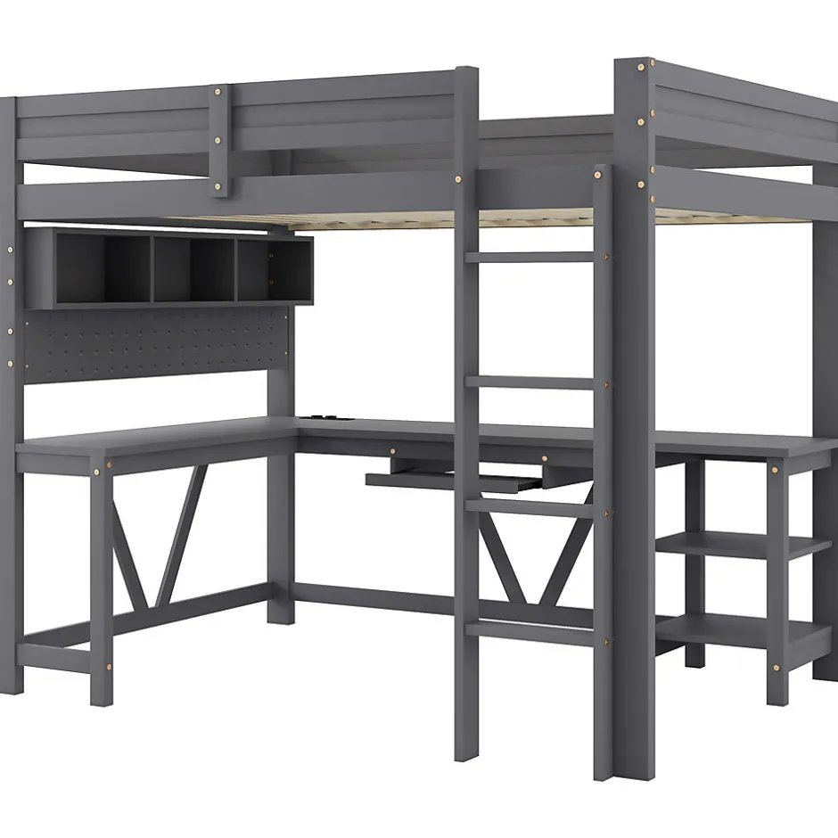 ModernLuxe Lit mezzanine en bois 90x200cm - Avec bureau et compartiments de rangement - LED et port de chargement - Gris (sans matelas)