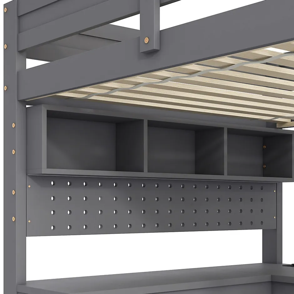 ModernLuxe Lit mezzanine en bois 90x200cm - Avec bureau et compartiments de rangement - LED et port de chargement - Gris (sans matelas)