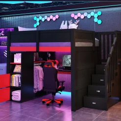 ModernLuxe Lit mezzanine en bois 140x200cm avec LED et port USB - Bureau et armoire - Échelle de rangement - Noir+Rouge (sans matelas)