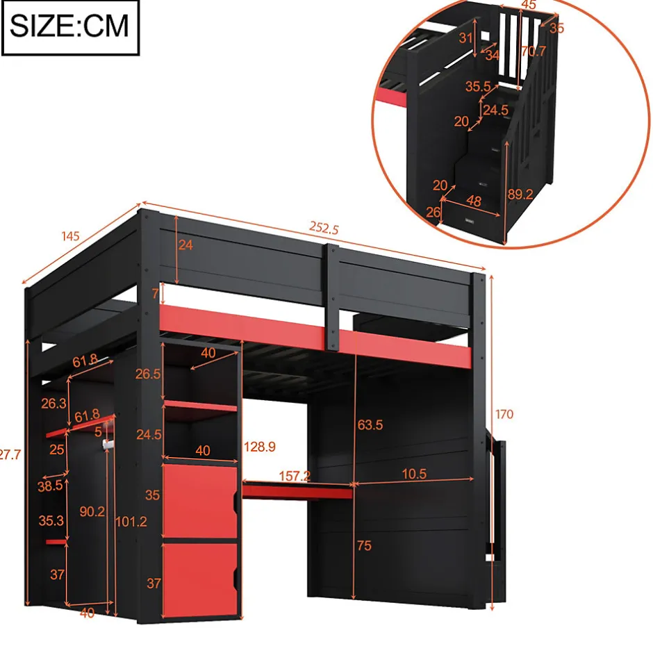ModernLuxe Lit mezzanine en bois 140x200cm avec LED et port USB - Bureau et armoire - Échelle de rangement - Noir+Rouge (sans matelas)