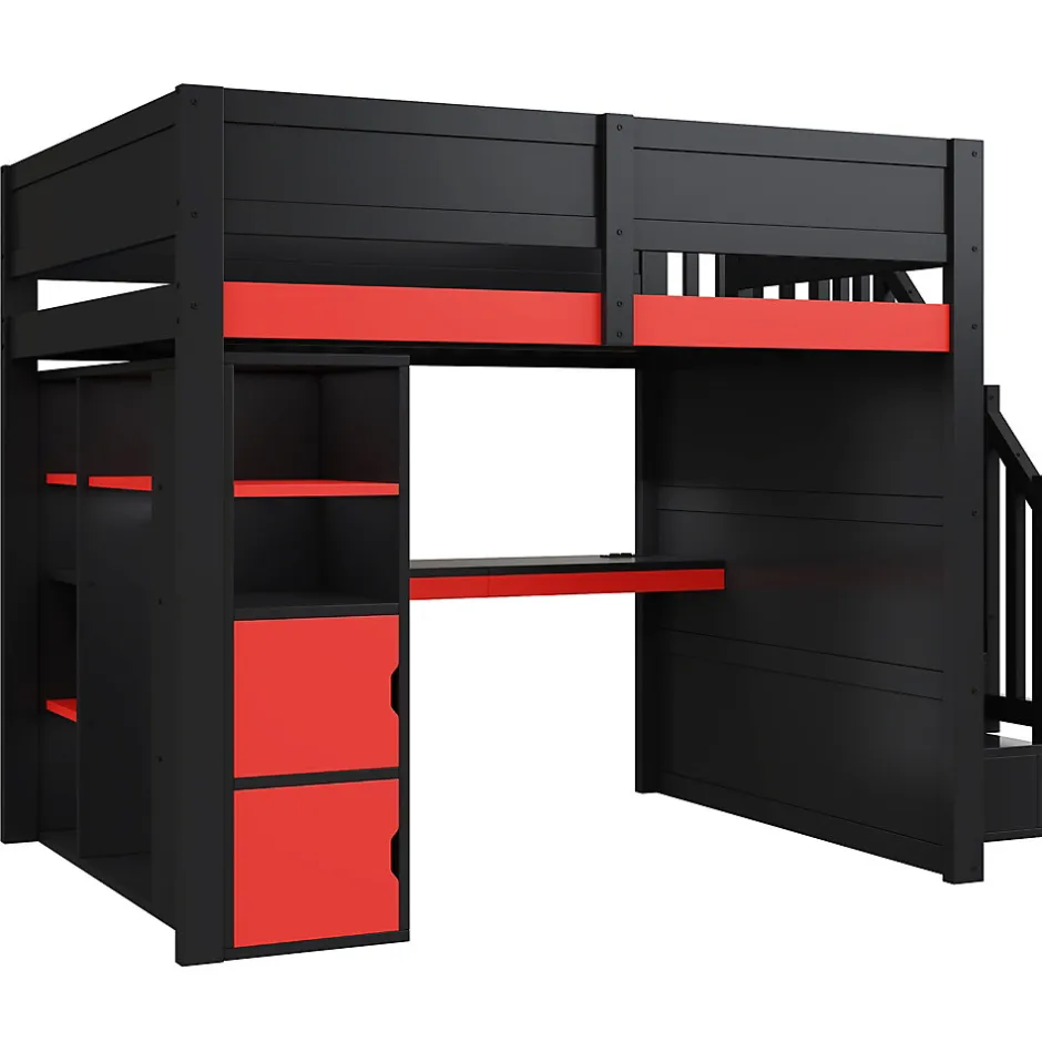 ModernLuxe Lit mezzanine en bois 140x200cm avec LED et port USB - Bureau et armoire - Échelle de rangement - Noir+Rouge (sans matelas)