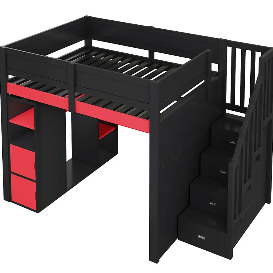 ModernLuxe Lit mezzanine en bois 140x200cm avec LED et port USB - Bureau et armoire - Échelle de rangement - Noir+Rouge (sans matelas)