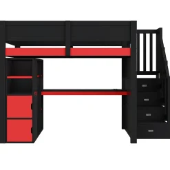 ModernLuxe Lit mezzanine en bois 140x200cm avec LED et port USB - Bureau et armoire - Échelle de rangement - Noir+Rouge (sans matelas)