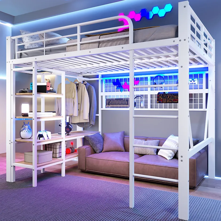 Enfant Seyakany Lit mezzanine en fer 140 x 200 cm avec bande lumineuse LED, compartiment de rangement, tringle à vêtements, sans matelas, blanc