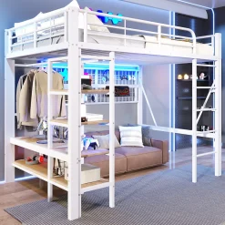 Enfant Seyakany Lit mezzanine en fer 140 x 200 cm avec bande lumineuse LED, compartiment de rangement, tringle à vêtements, sans matelas, blanc