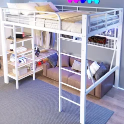 Enfant Seyakany Lit mezzanine en fer 140 x 200 cm avec bande lumineuse LED, compartiment de rangement, tringle à vêtements, sans matelas, blanc