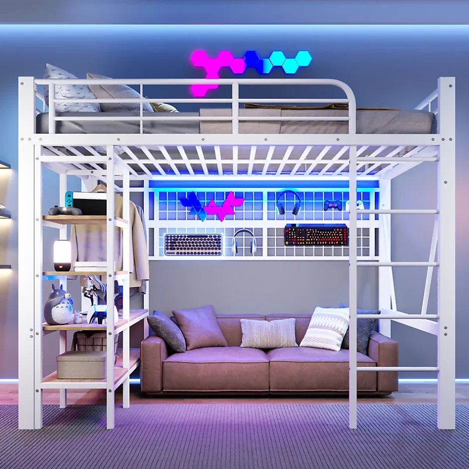 Enfant Seyakany Lit mezzanine en fer 140 x 200 cm avec bande lumineuse LED, compartiment de rangement, tringle à vêtements, sans matelas, blanc