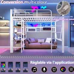 Enfant Seyakany Lit mezzanine en fer 140 x 200 cm avec bande lumineuse LED, compartiment de rangement, tringle à vêtements, sans matelas, blanc