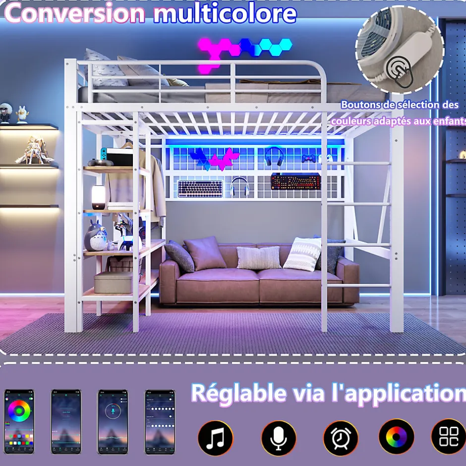 Enfant Seyakany Lit mezzanine en fer 140 x 200 cm avec bande lumineuse LED, compartiment de rangement, tringle à vêtements, sans matelas, blanc