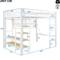 Enfant Seyakany Lit mezzanine en fer 140 x 200 cm avec bande lumineuse LED, compartiment de rangement, tringle à vêtements, sans matelas, blanc